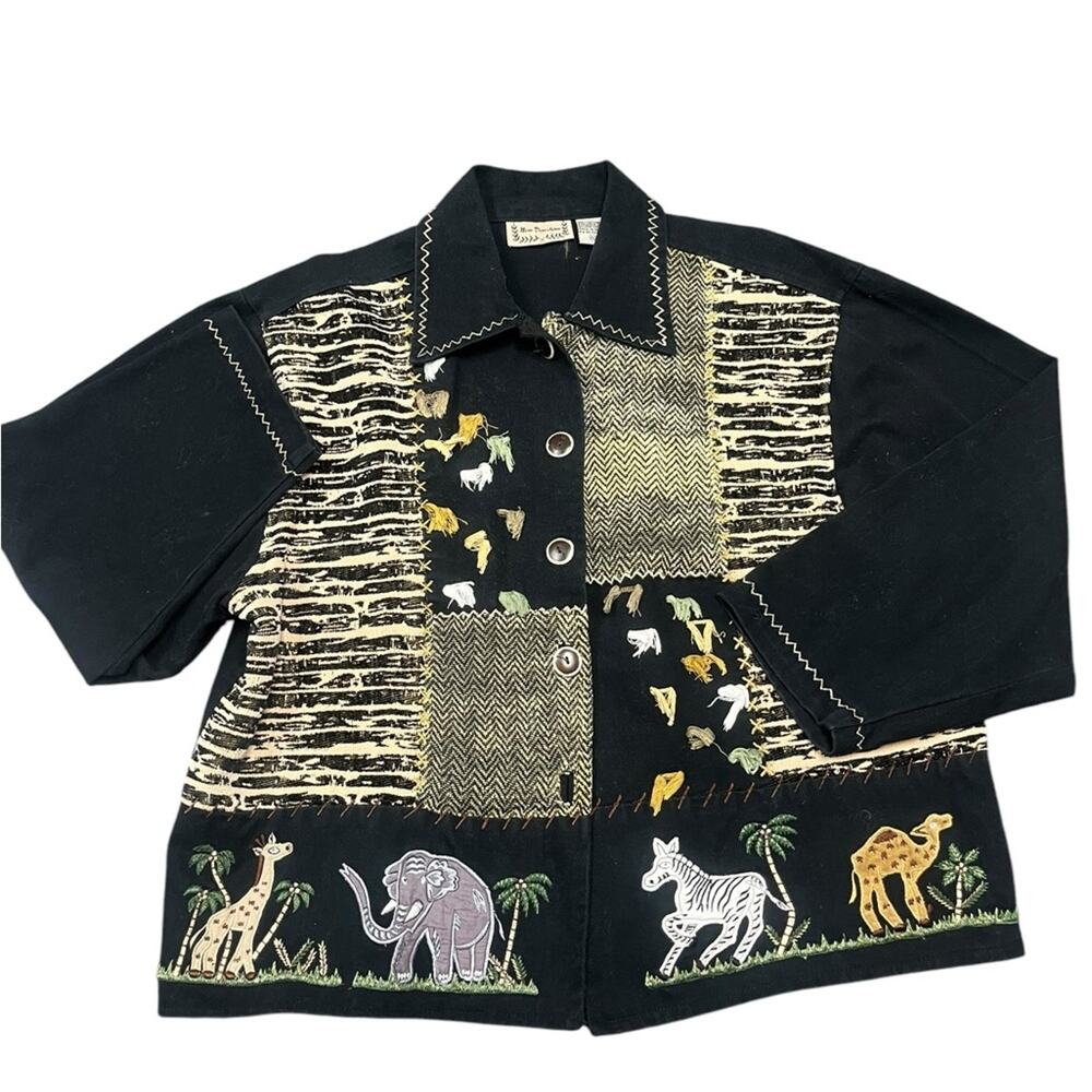 Vtg 90s Art To Wear Safari Zebra Elephant Patchwork Embroidered Denim Jacket XL